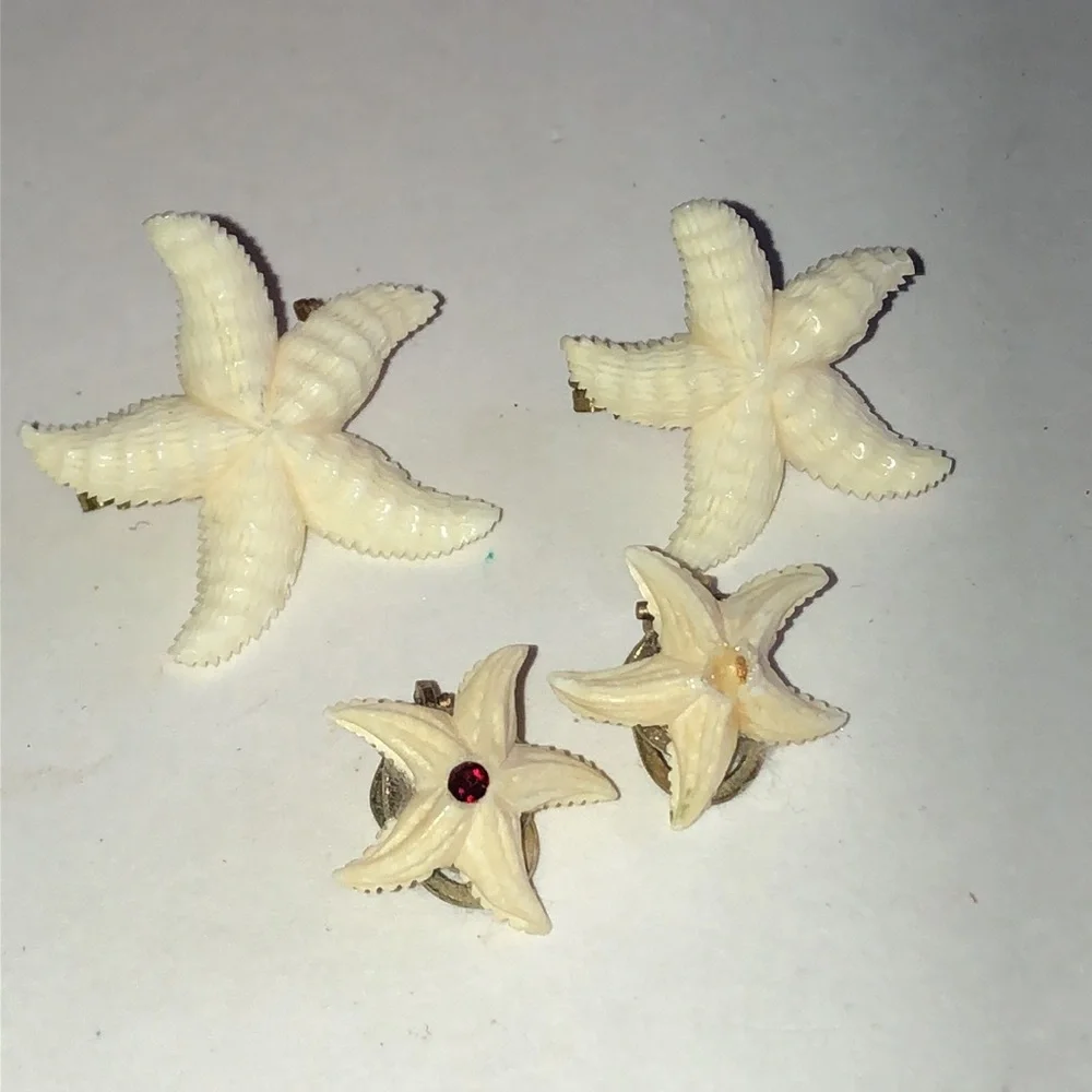 Vintage Carved Cream Starfish Earrings and Pins Set